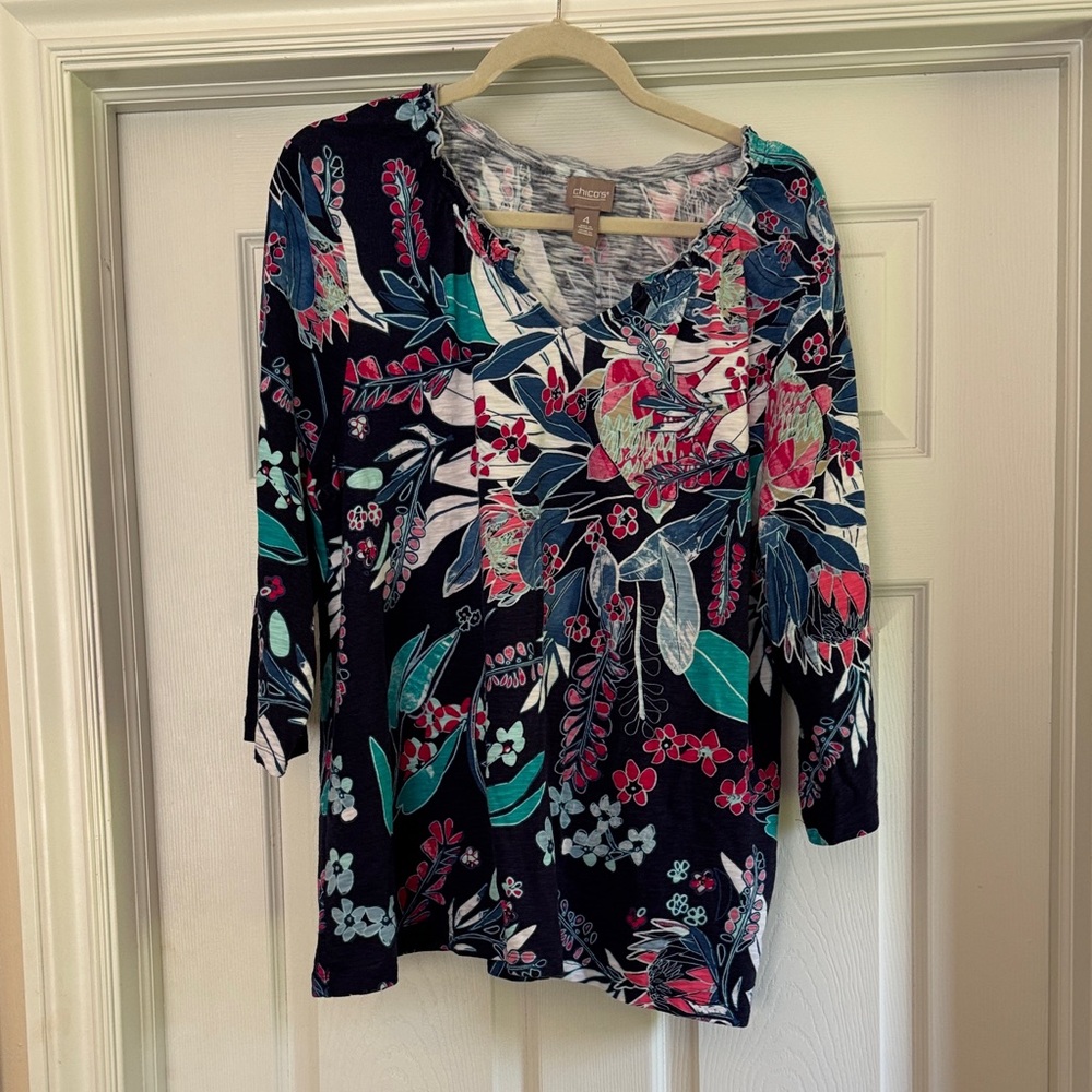 Chico's Vibrant Floral Women's Blouse - Blue and Pink
